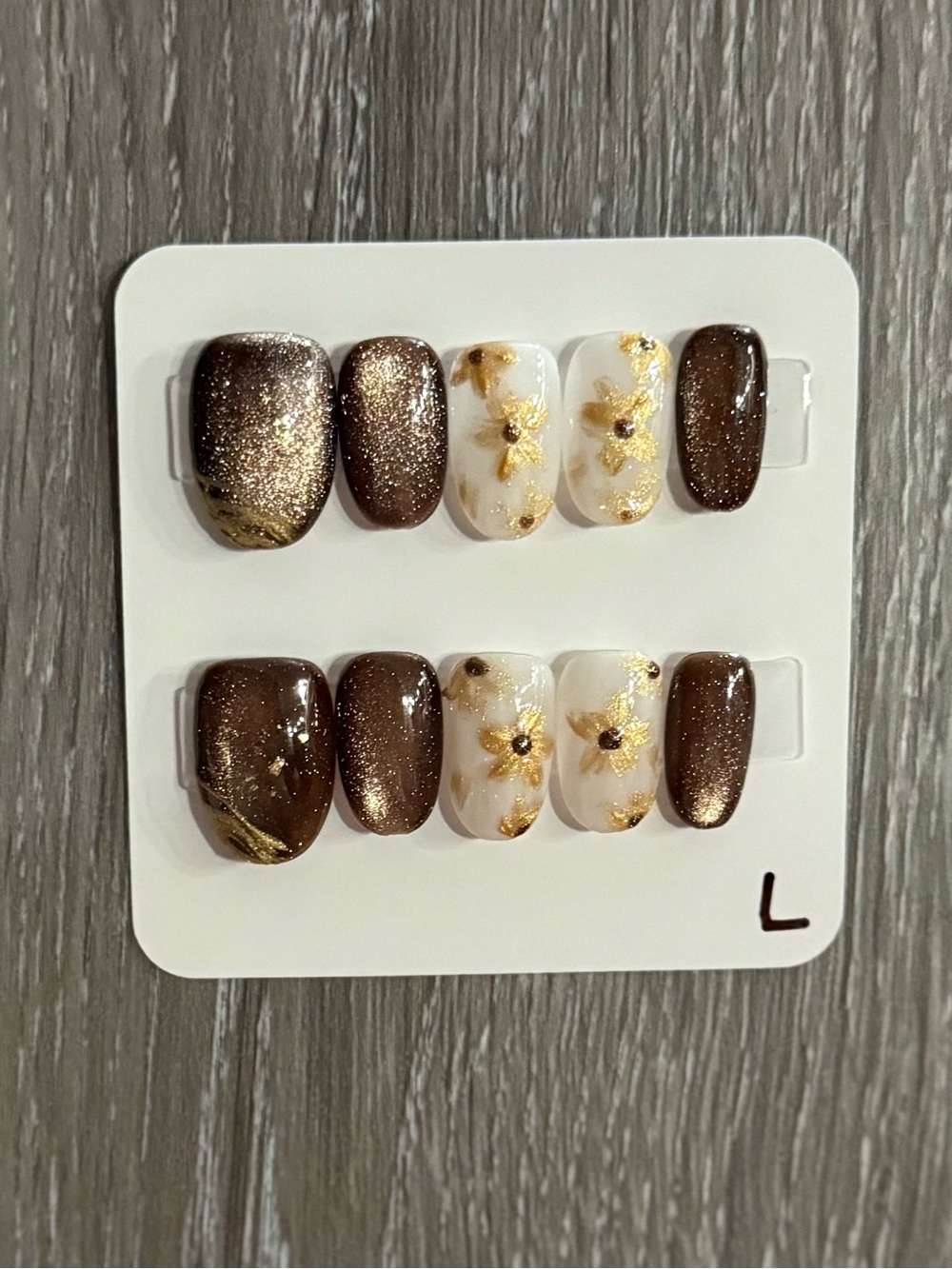 Gold Floral Brown & Cream Press-On Nail Set